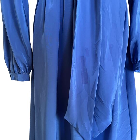 Vintage Halston III Blue Satin Tie-Neck Blouson Midi Secretary Shirt Dress XS/S - Picture 5 of 8